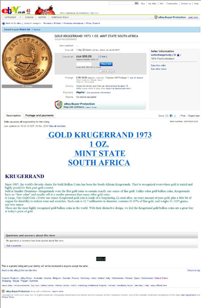 wollschlaegerlucky eBay Listing Using our 1973 Krugerrand Gold Coin Photograph